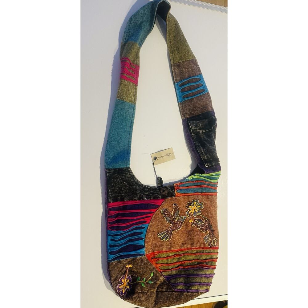 Purple Hobo Shoulder Bag Multicolor Birds Flower Hippie Boho NWT Festival - Picture 2 of 11